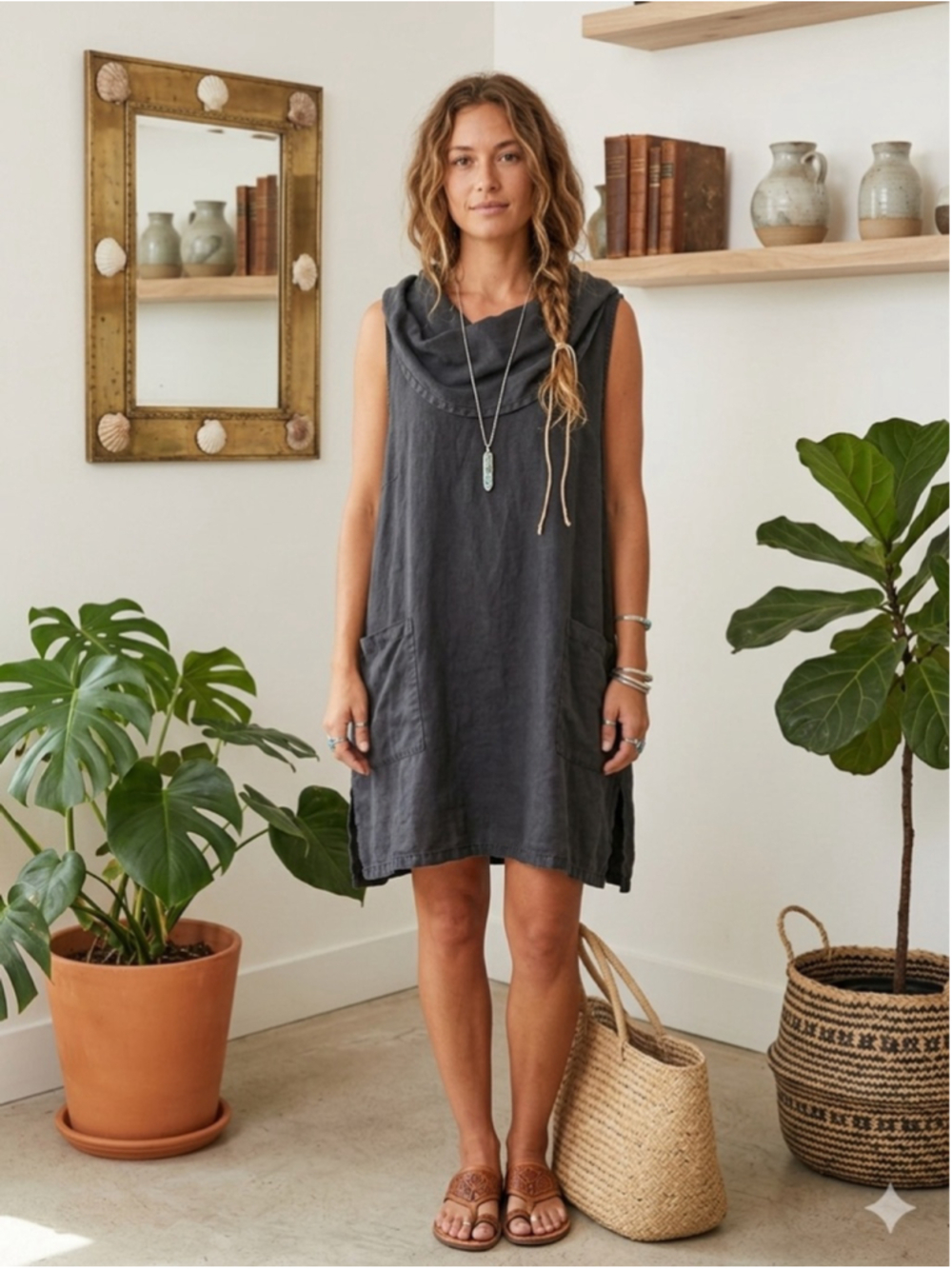 La Fixsun 100% Linen Sleeveless Cowl Neck Tunic Dress Gray Boho Lagenlook Pocket
